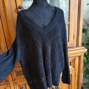 torrid Black Open-Knit V-Neck Pullover Sweater